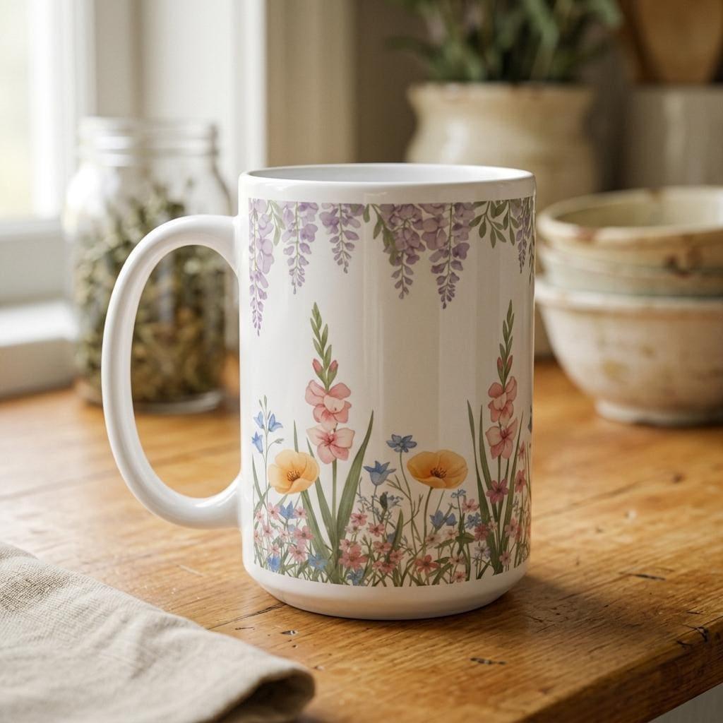 Large and Small Mugs - Floral - 11oz and 15oz Ceramic Cup Set