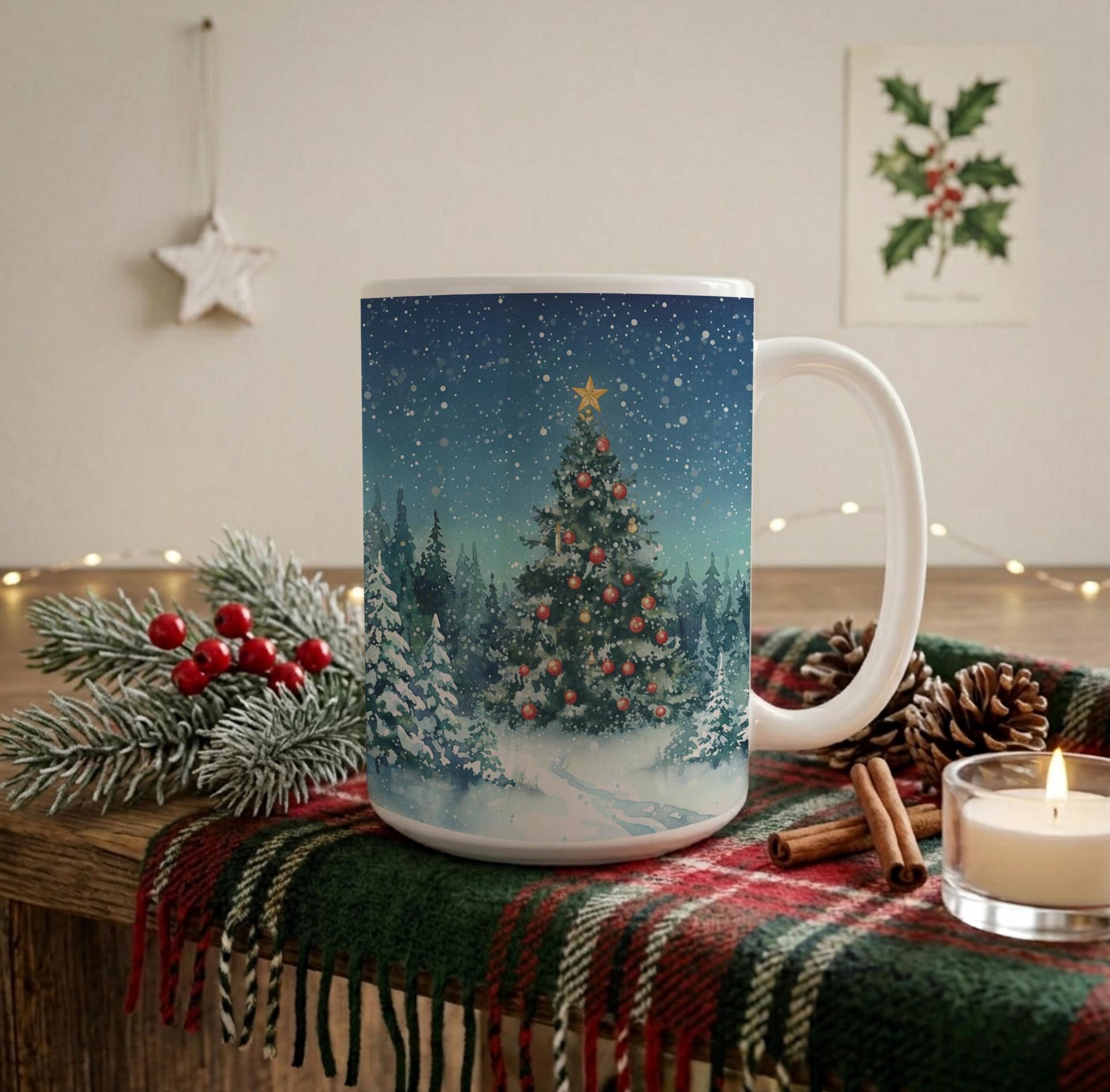 Festive Christmas Mug, Large Cup, 15oz and 11oz Ceramic Mug Set, Christmas Tree
