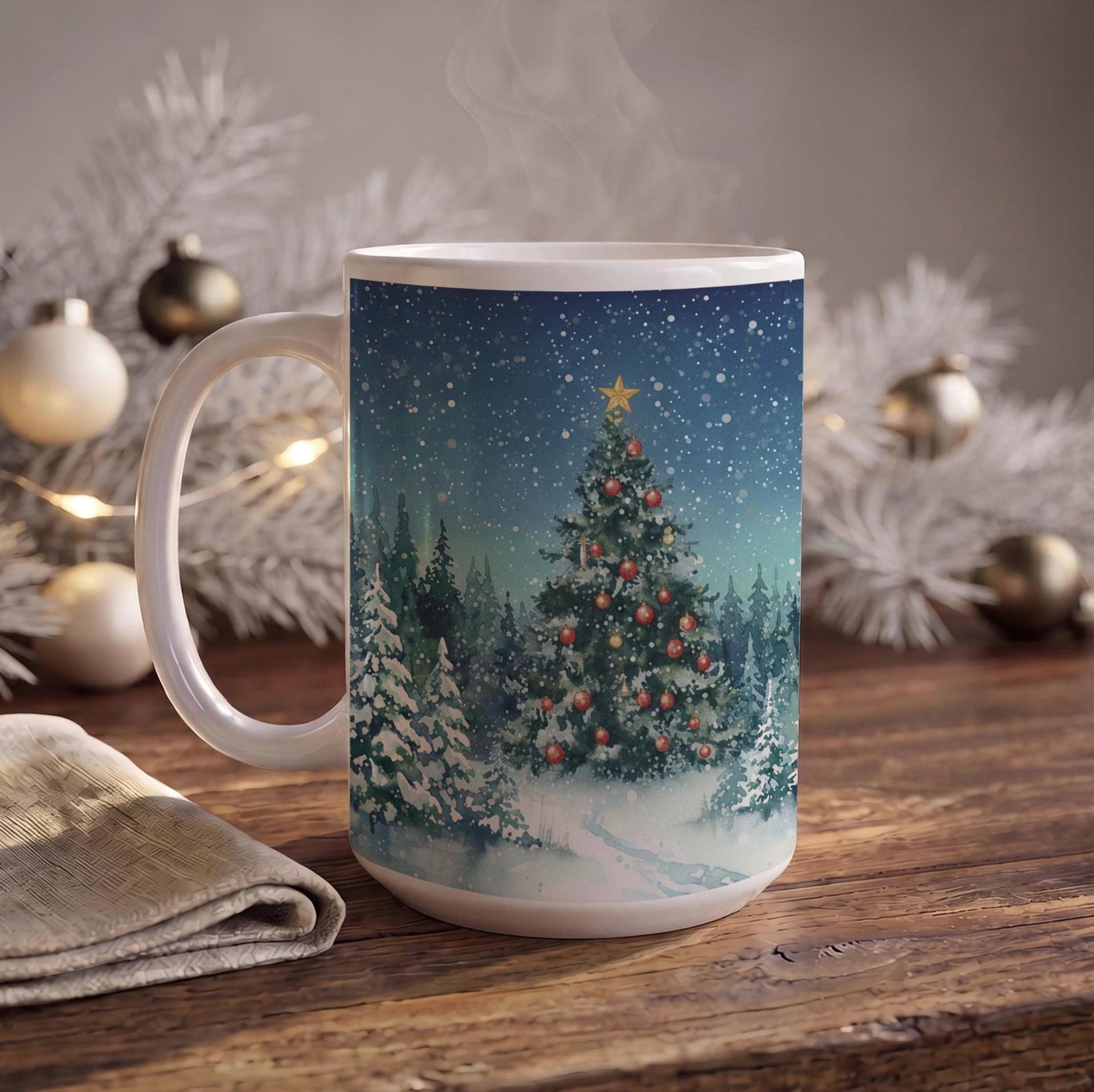 Festive Christmas Mug, Large Cup, 15oz and 11oz Ceramic Mug Set, Christmas Tree