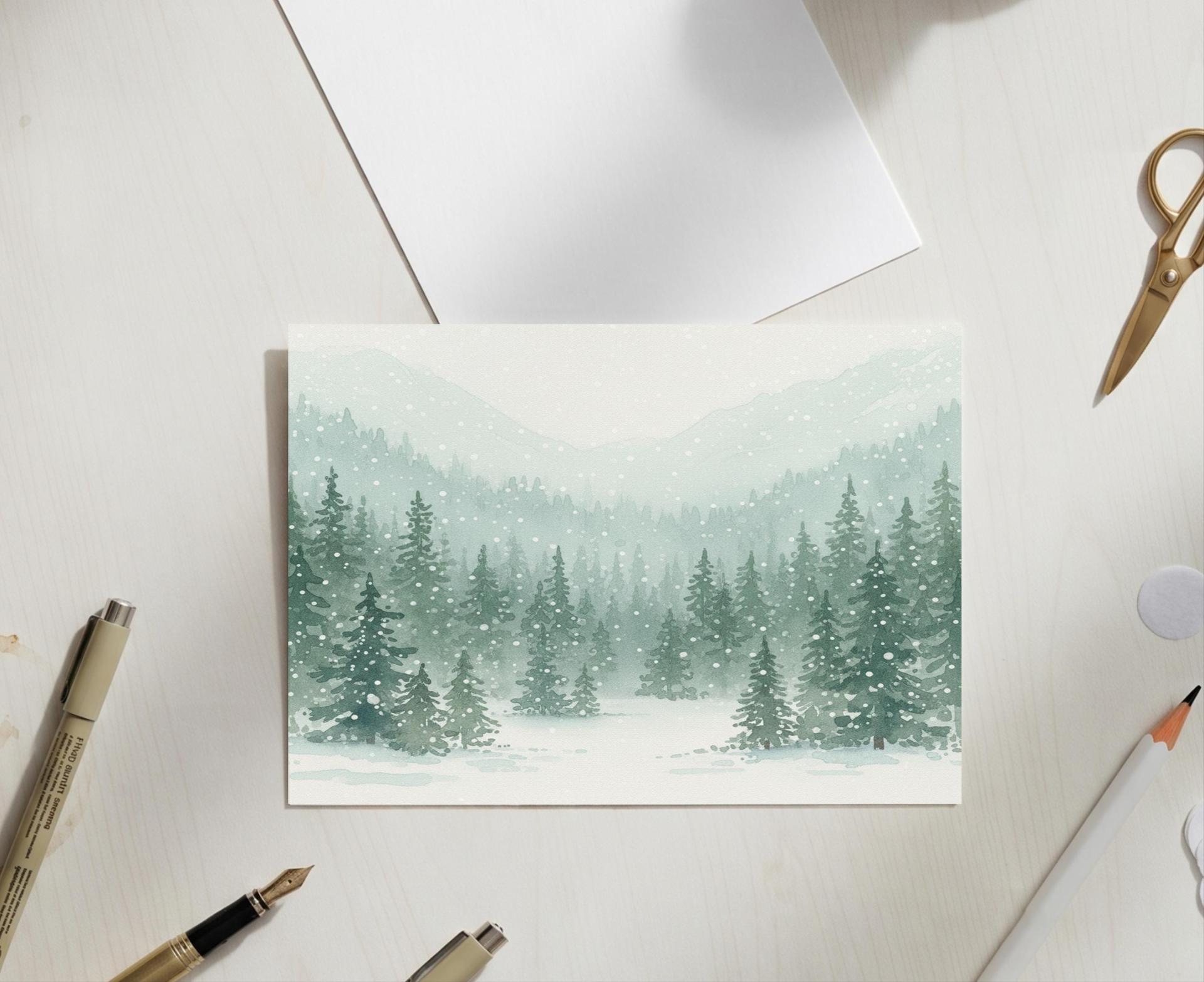 Winter Forest Christmas Cards – Snowy Trees, Singles or Bulk Pack, Gift Cards