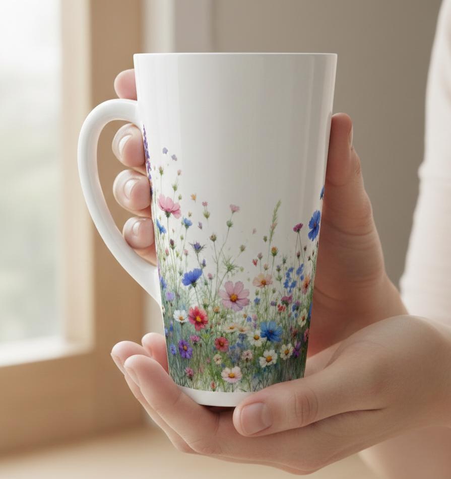 Set of 3 Cups, Floral, Large 17oz Latte Ceramic Mugs - Extra Tall Cup Set