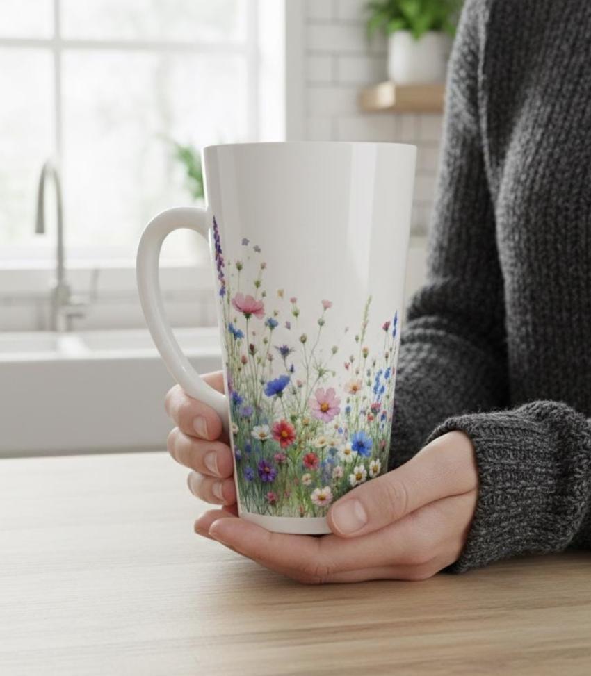 Set of 3 Cups, Floral, Large 17oz Latte Ceramic Mugs - Extra Tall Cup Set