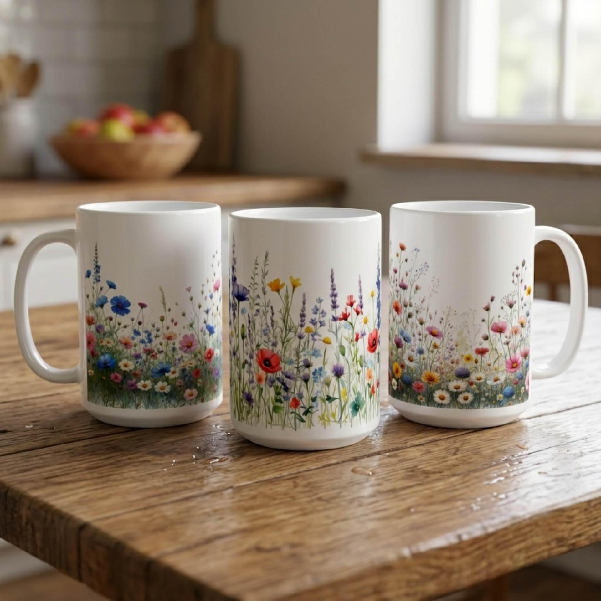 Set of Big Mugs, Floral Cup Set, Large 15 oz Matching Cups