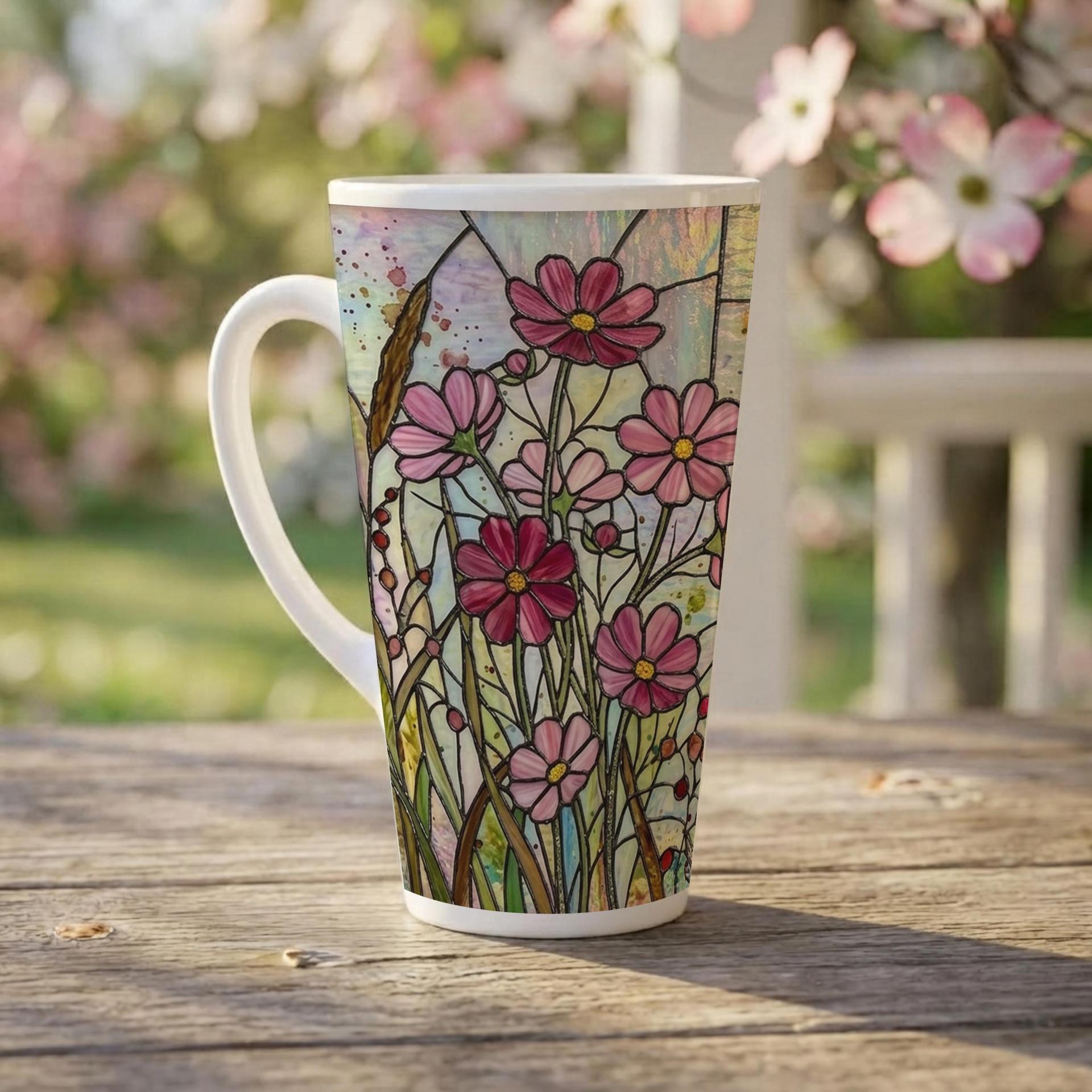 Set of 3 Cups, Floral, Large 17oz Latte Ceramic Mugs - Extra Tall Cup Set