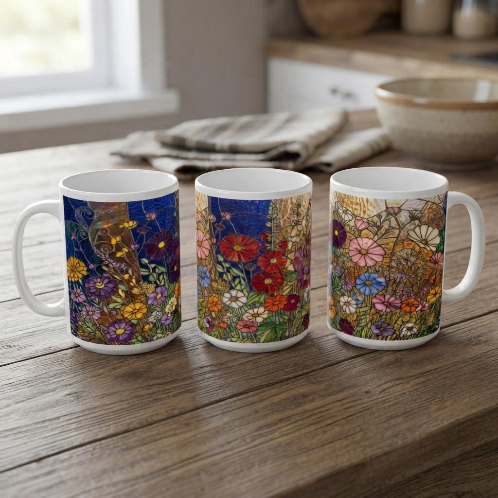 Set of Big Mugs, Floral Cup Set, Large 15 oz Matching Cups