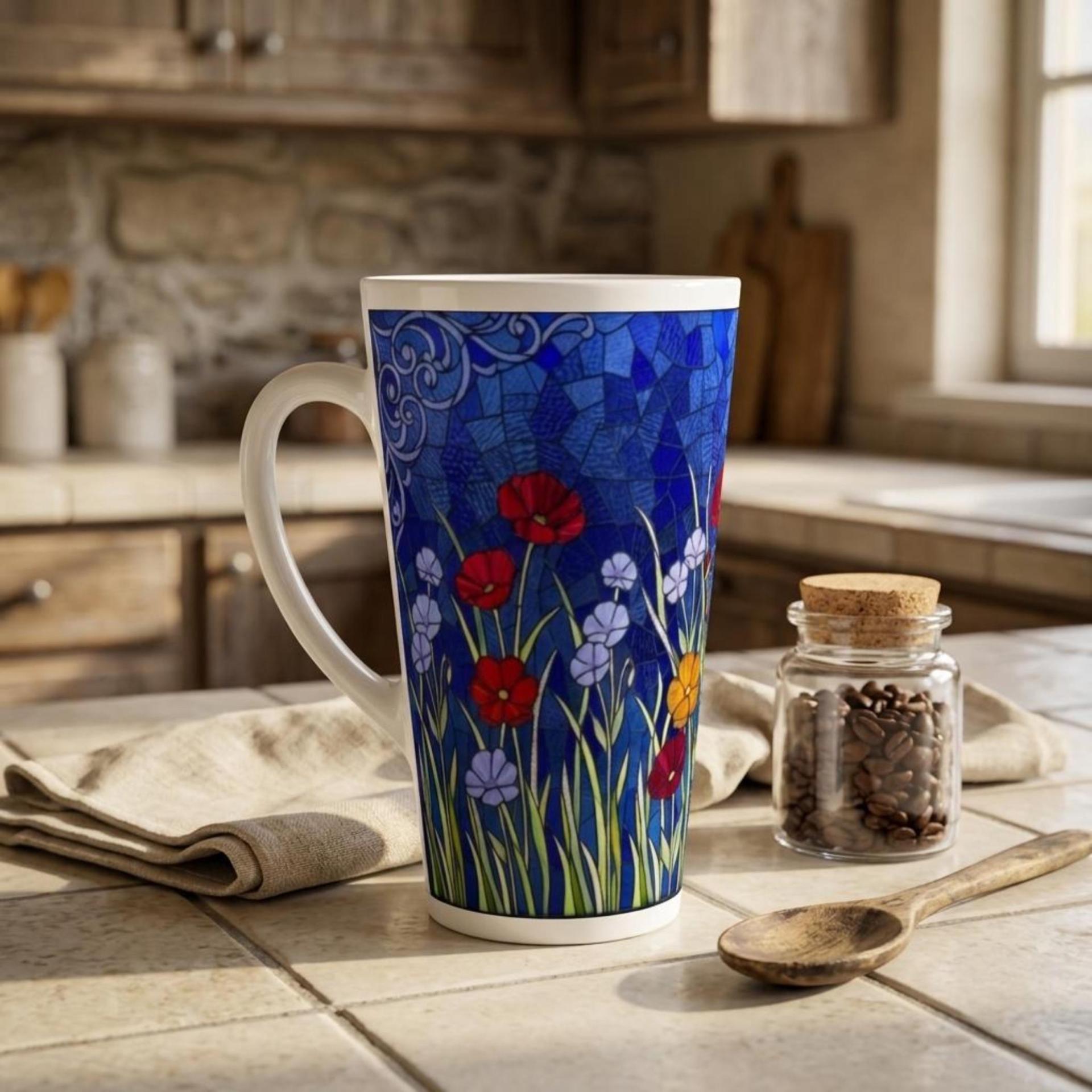 Set of 3 Cups, Floral, Large 17oz Latte Ceramic Mugs - Extra Tall Cup Set