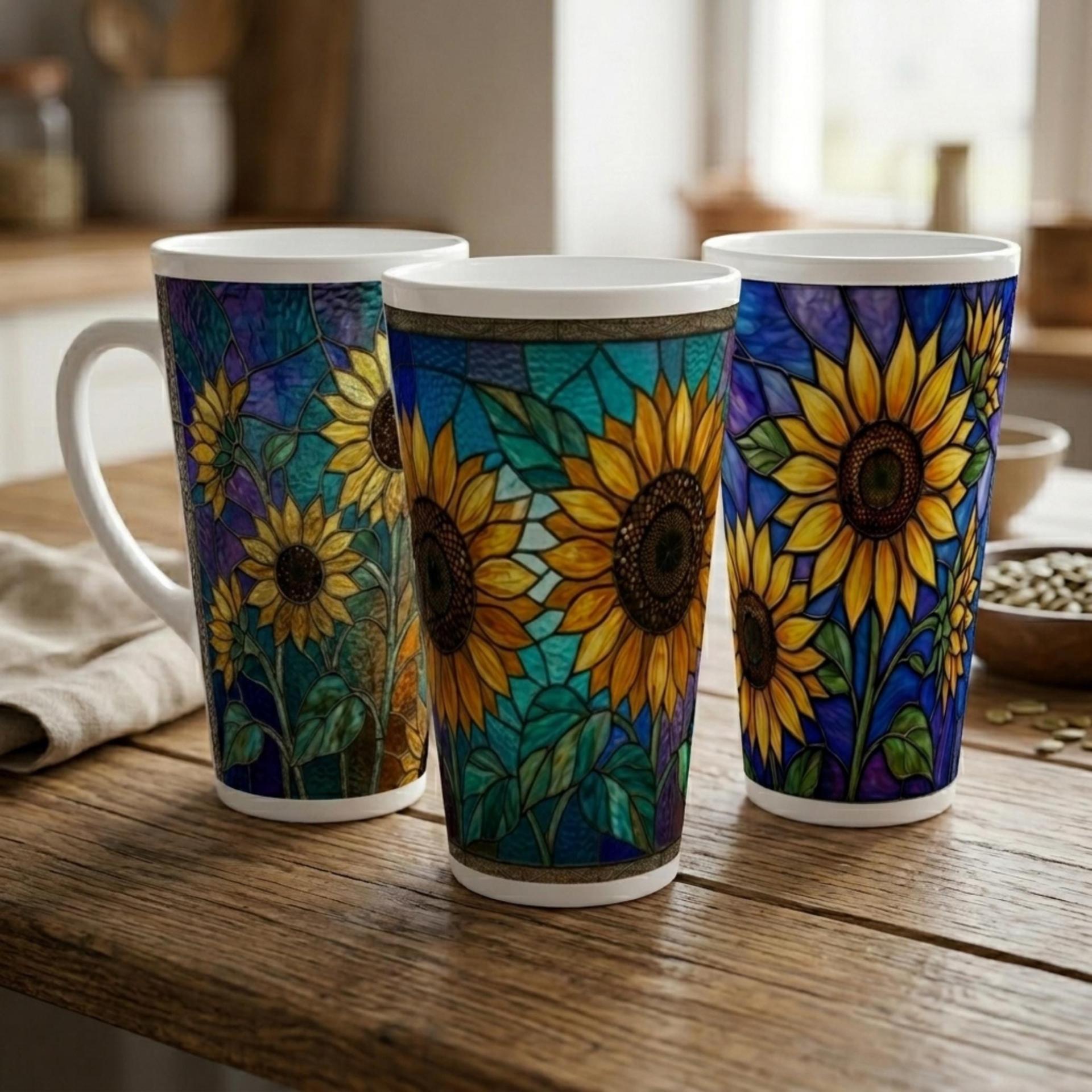 Set of 3 Cups, Floral, Large 17oz Latte Ceramic Mugs - Extra Tall Cup Set