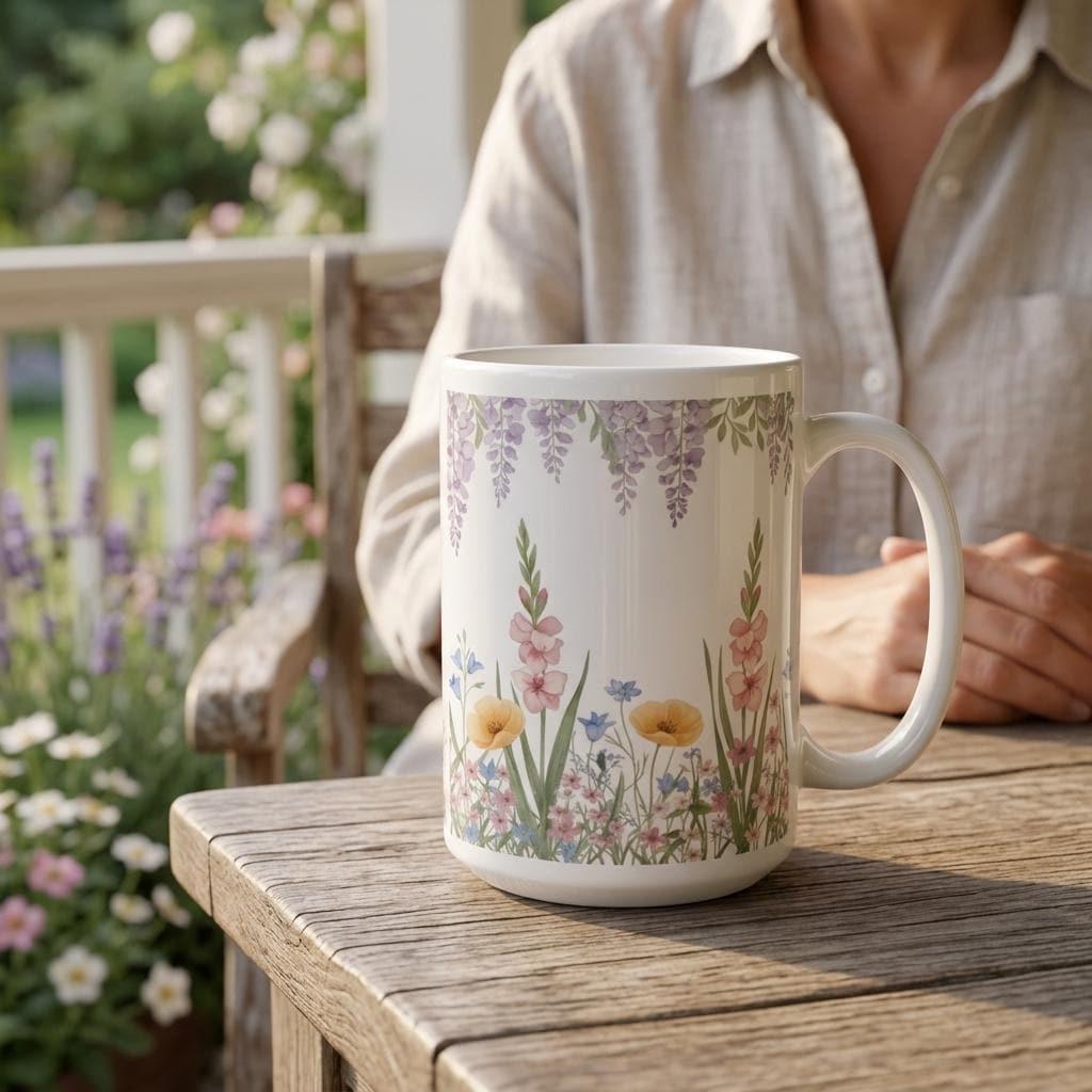 Large and Small Mugs - Floral - 11oz and 15oz Ceramic Cup Set