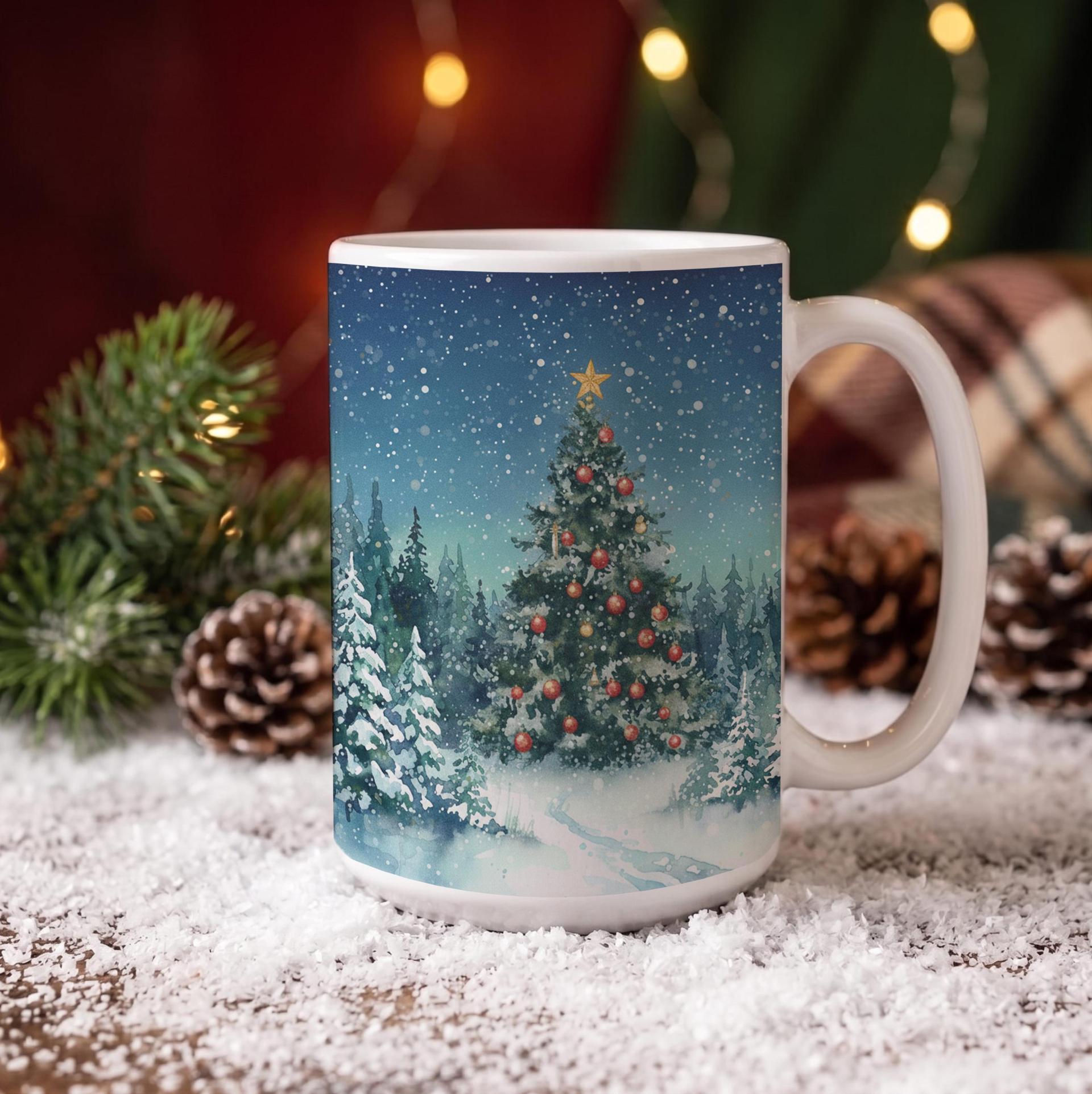 Festive Christmas Mug, Large Cup, 15oz and 11oz Ceramic Mug Set, Christmas Tree