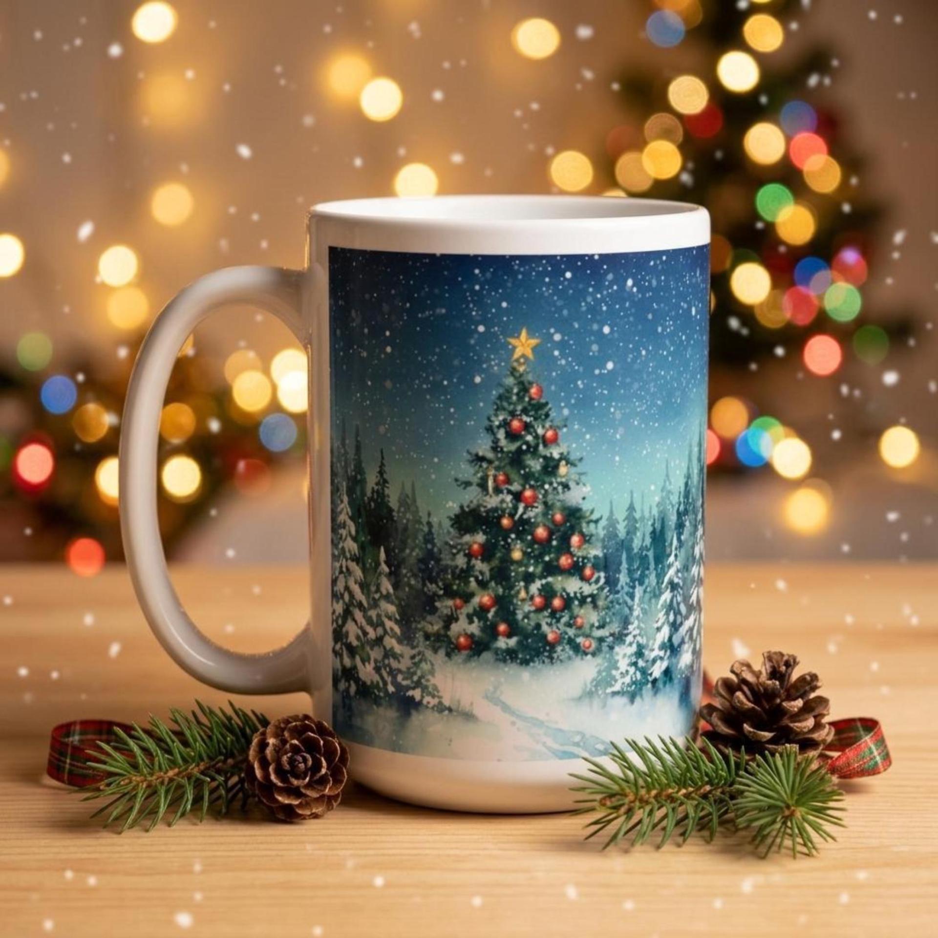 Festive Christmas Mug, Large Cup, 15oz and 11oz Ceramic Mug Set, Christmas Tree