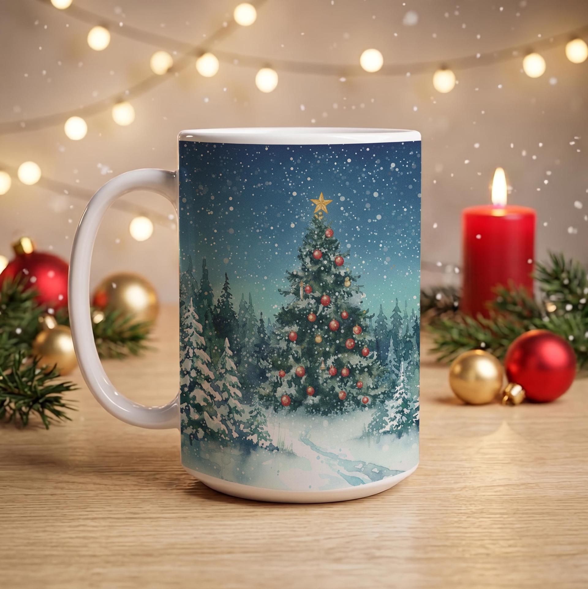 Festive Christmas Mug, Large Cup, 15oz and 11oz Ceramic Mug Set, Christmas Tree