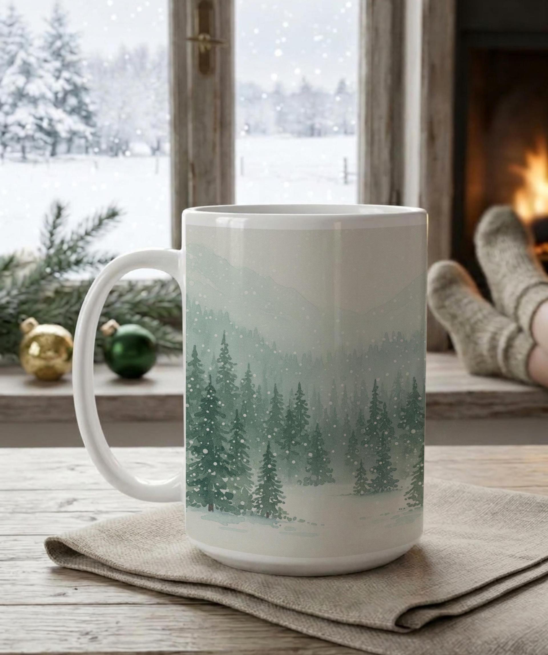 Christmas Mugs - Winter Forest Cups Set -  Large and Small Ceramic Mugs