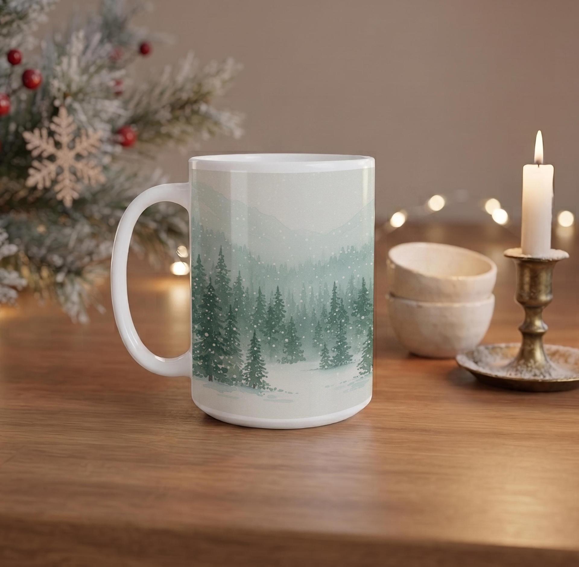 Christmas Mugs - Winter Forest Cups Set -  Large and Small Ceramic Mugs