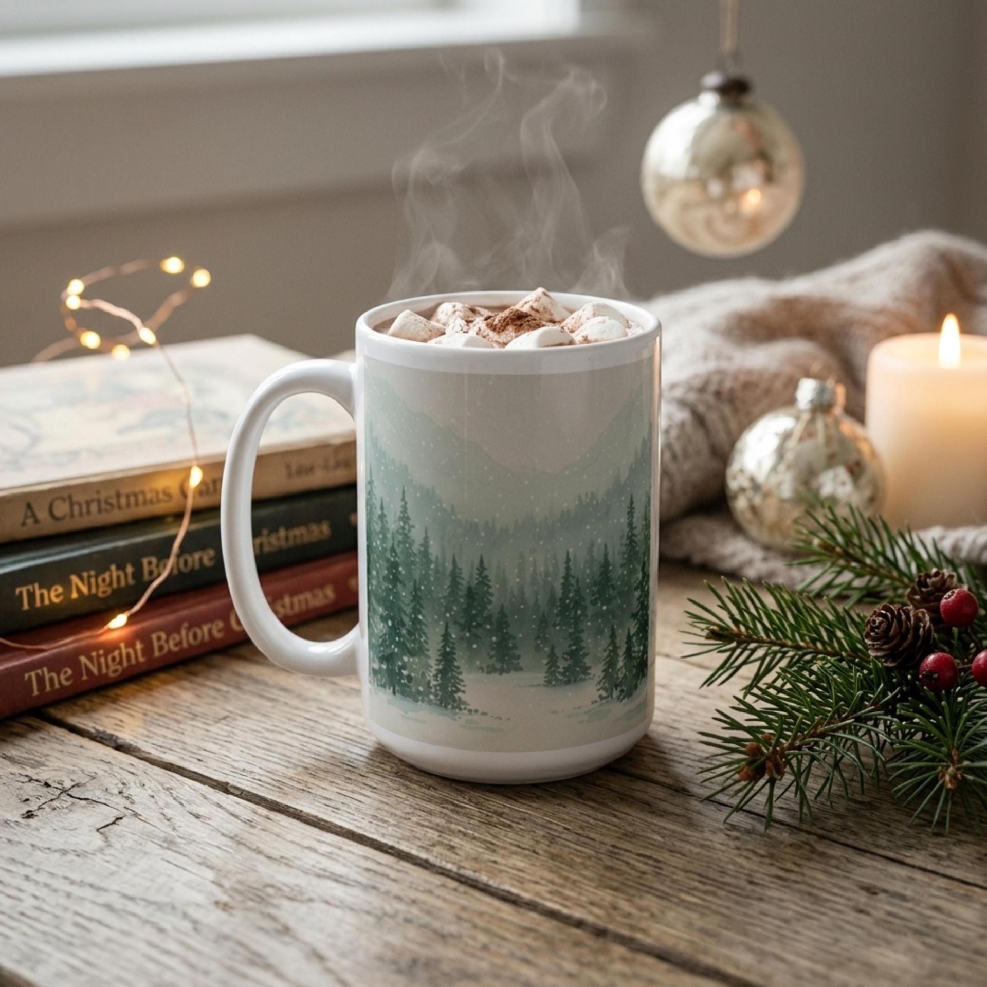 Christmas Mugs - Winter Forest Cups Set -  Large and Small Ceramic Mugs