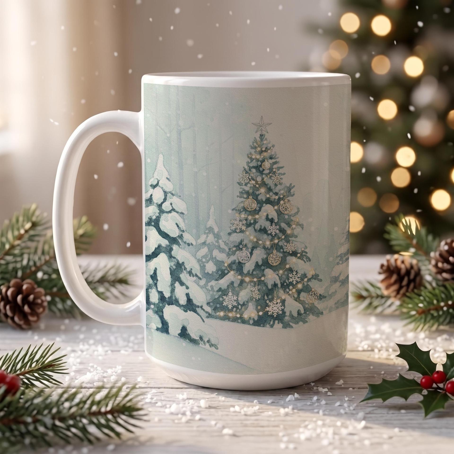 Christmas Mugs - Winter Forest Cups Set -  Large and Small Ceramic Mugs