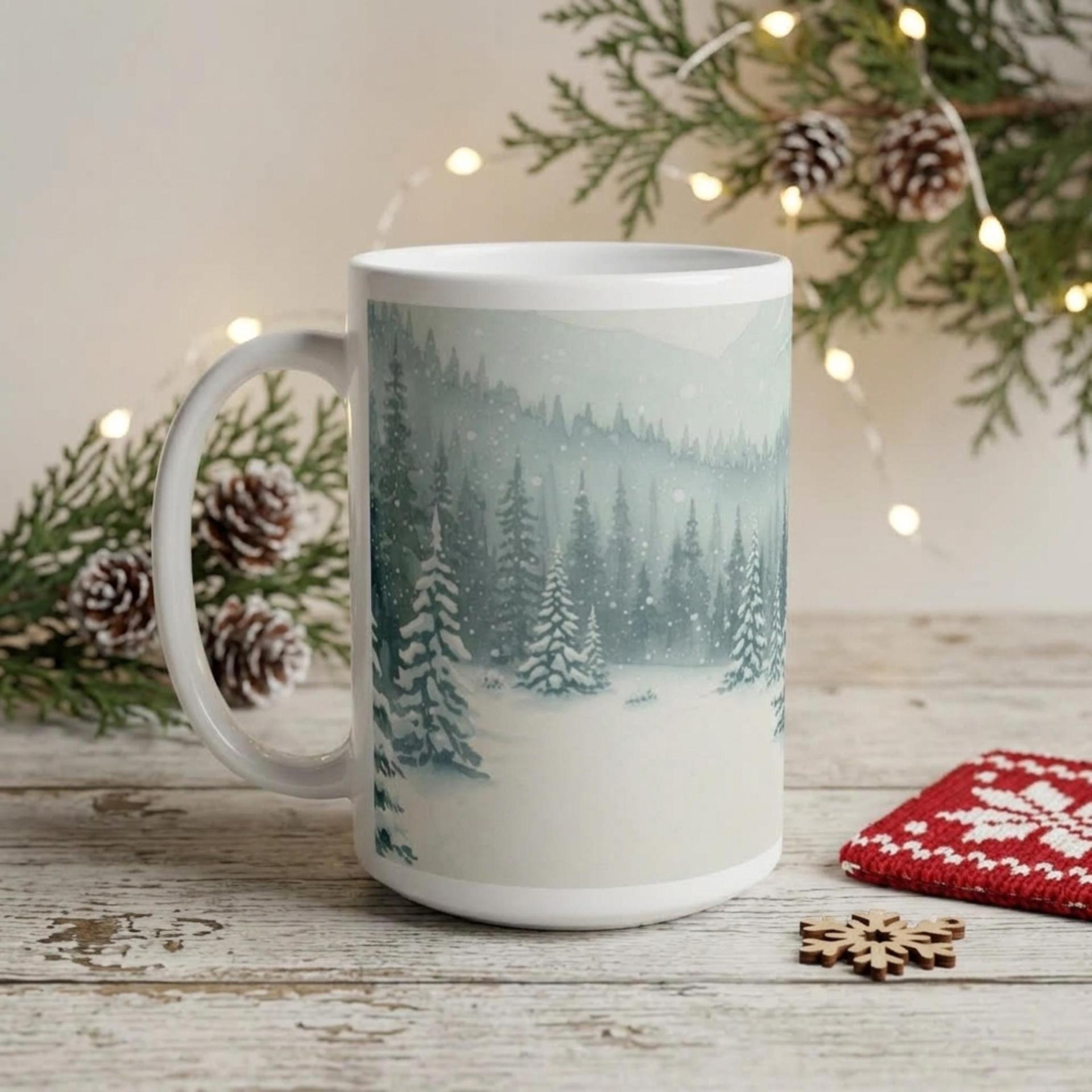 Christmas Mugs - Winter Forest Cups Set -  Large and Small Ceramic Mugs