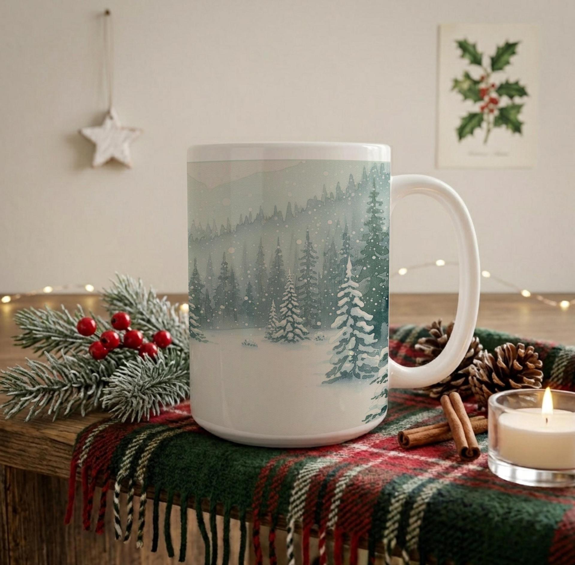 Christmas Mugs - Winter Forest Cups Set -  Large and Small Ceramic Mugs