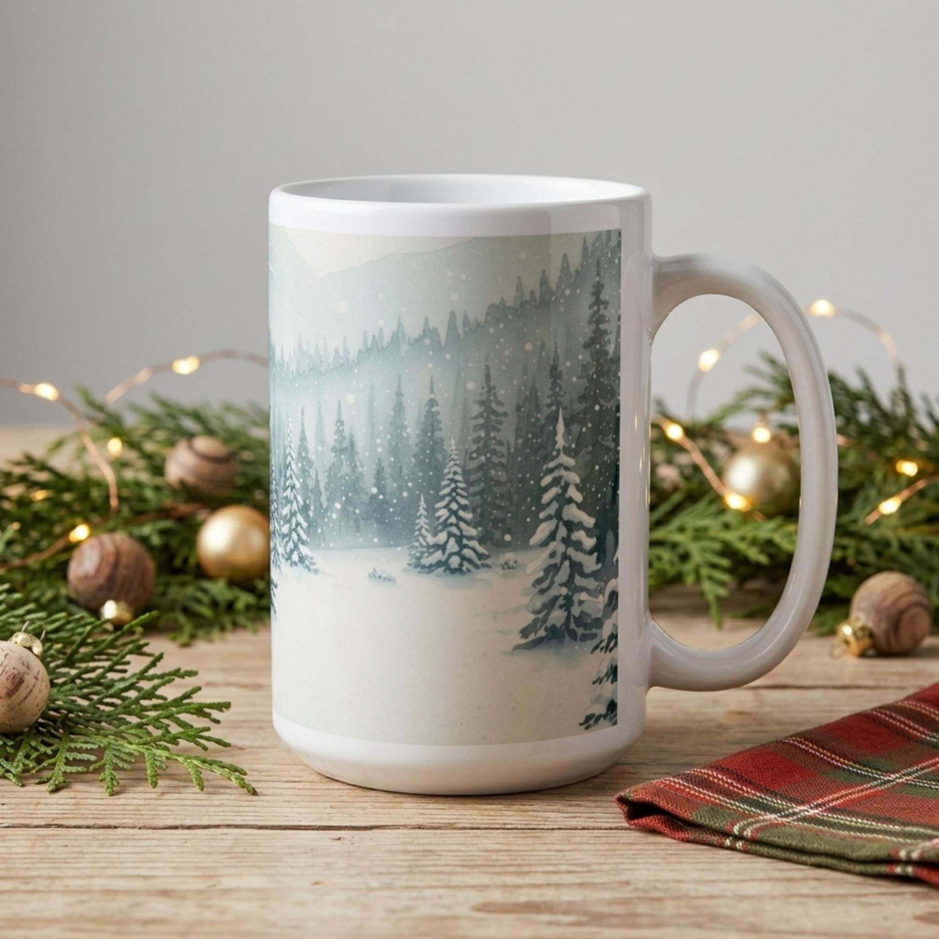 Christmas Mugs - Winter Forest Cups Set -  Large and Small Ceramic Mugs