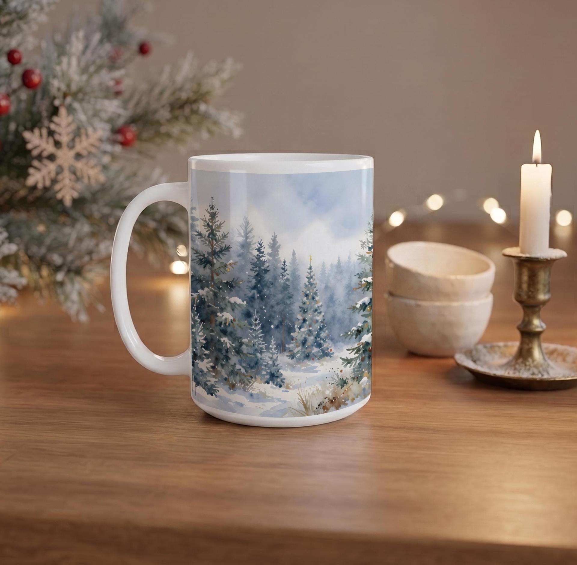Christmas Mugs - Winter Forest Cups Set -  Large and Small Ceramic Mugs