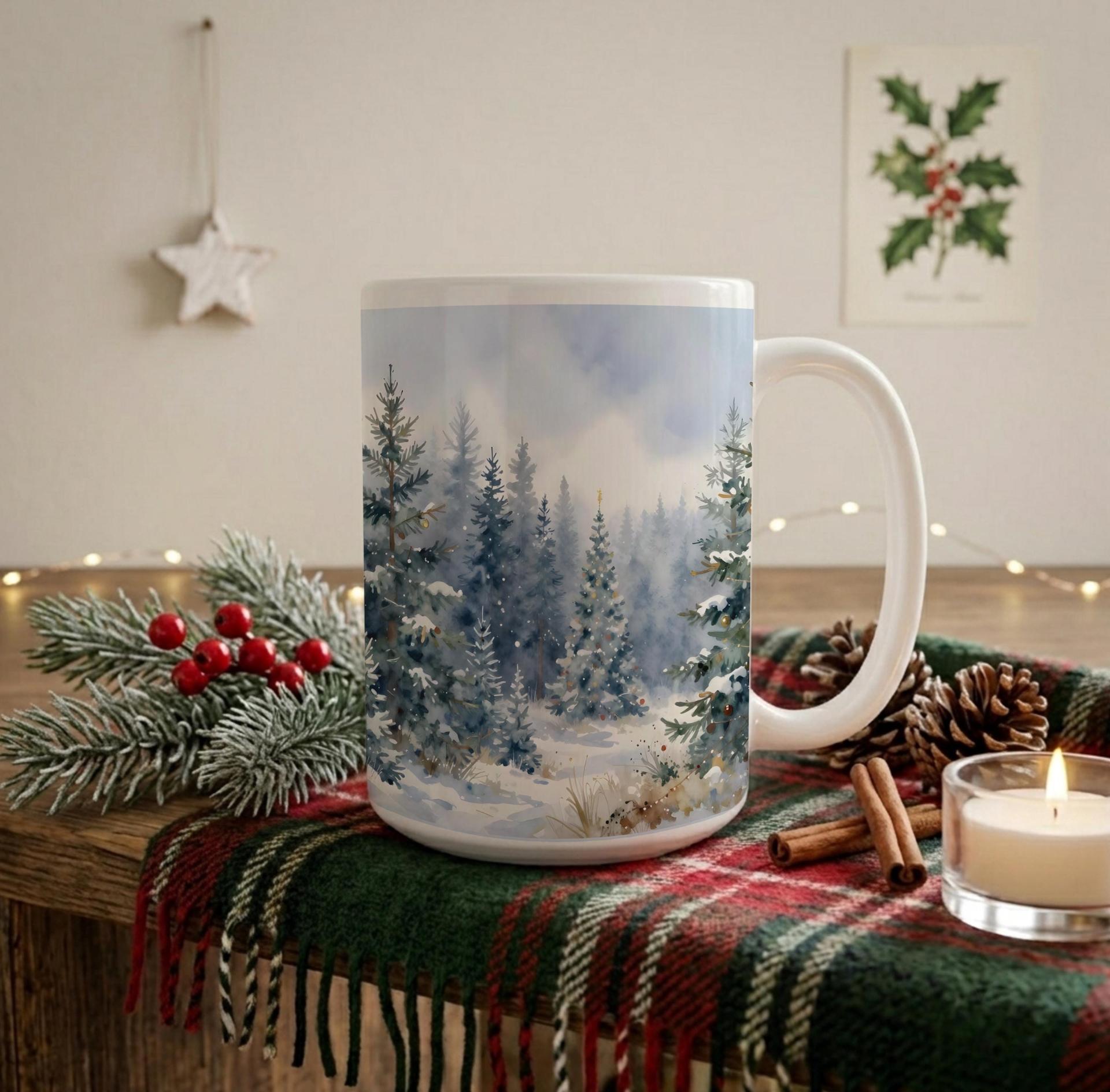 Christmas Mugs - Winter Forest Cups Set -  Large and Small Ceramic Mugs