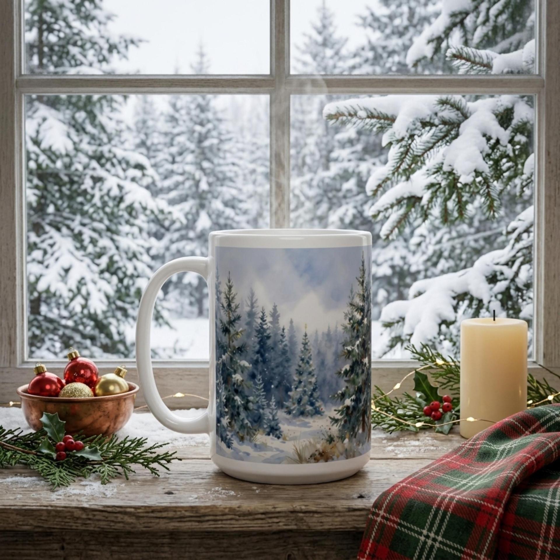 Christmas Mugs - Winter Forest Cups Set -  Large and Small Ceramic Mugs