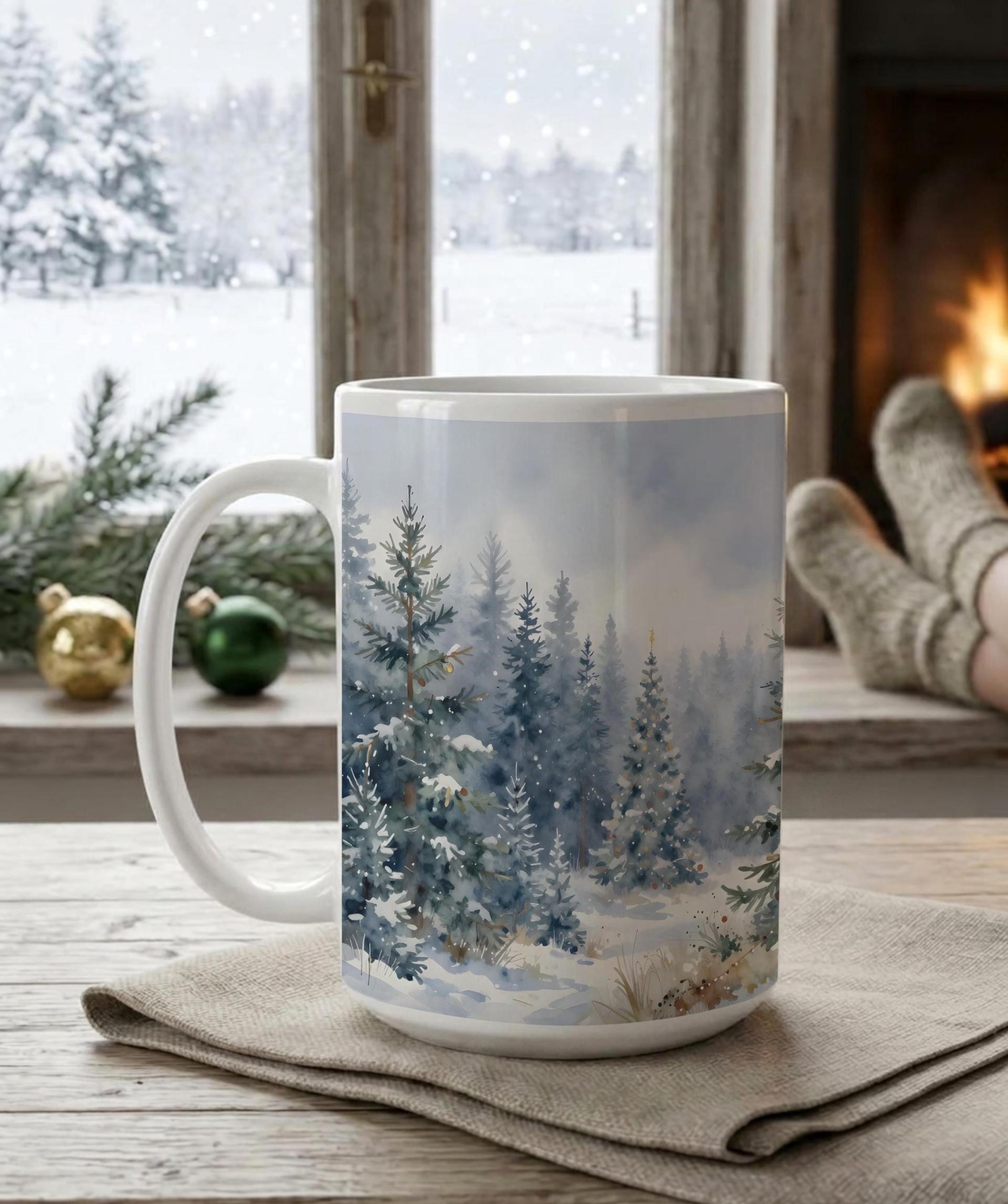 Christmas Mugs - Winter Forest Cups Set -  Large and Small Ceramic Mugs