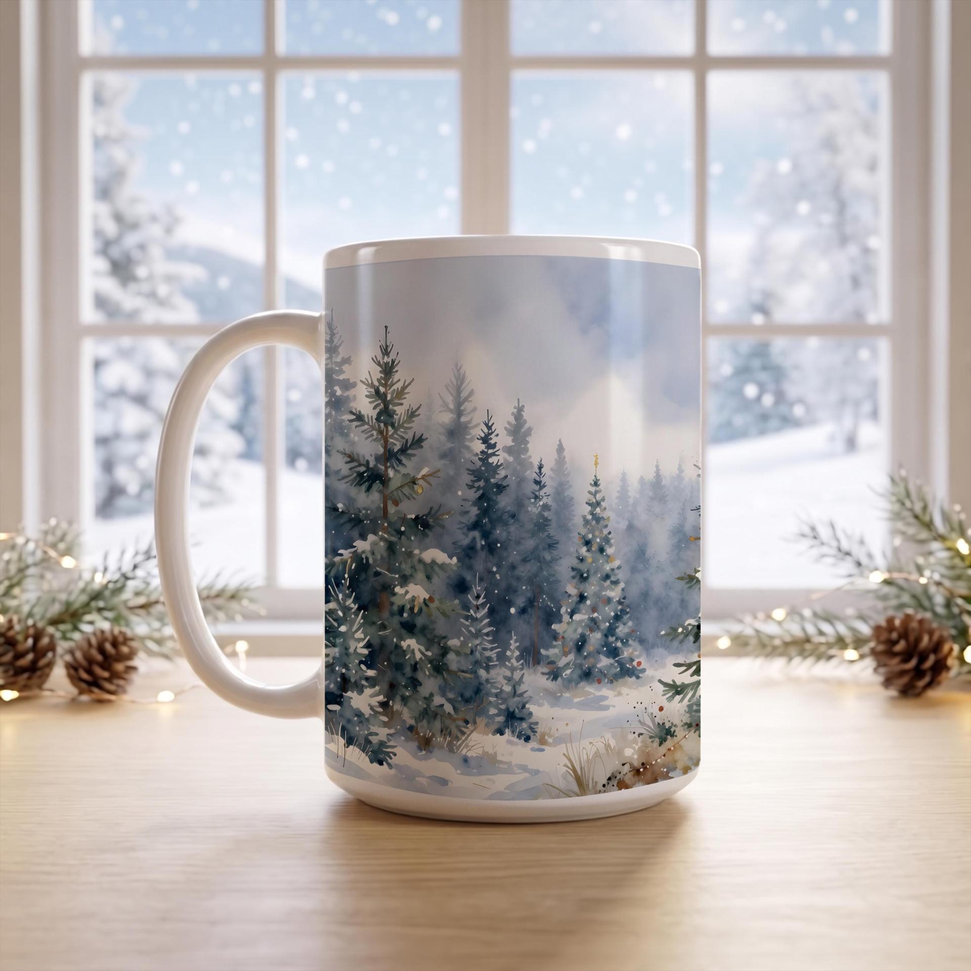 Christmas Mugs - Winter Forest Cups Set -  Large and Small Ceramic Mugs