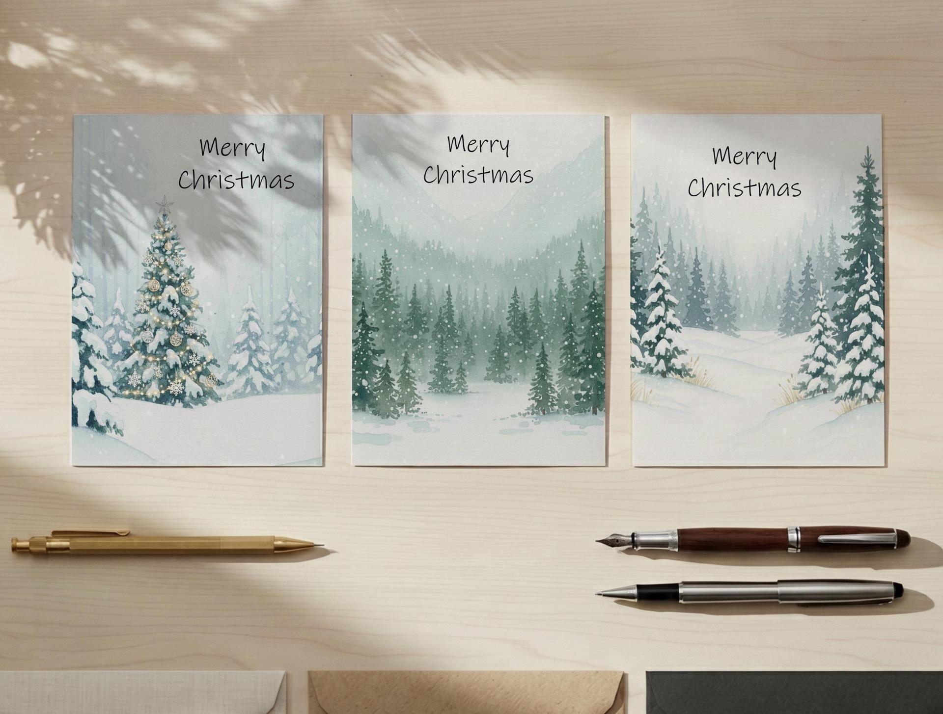 Holiday Greeting Cards, 3 Pack, Christmas Trees, Bulk Set of Gift Cards
