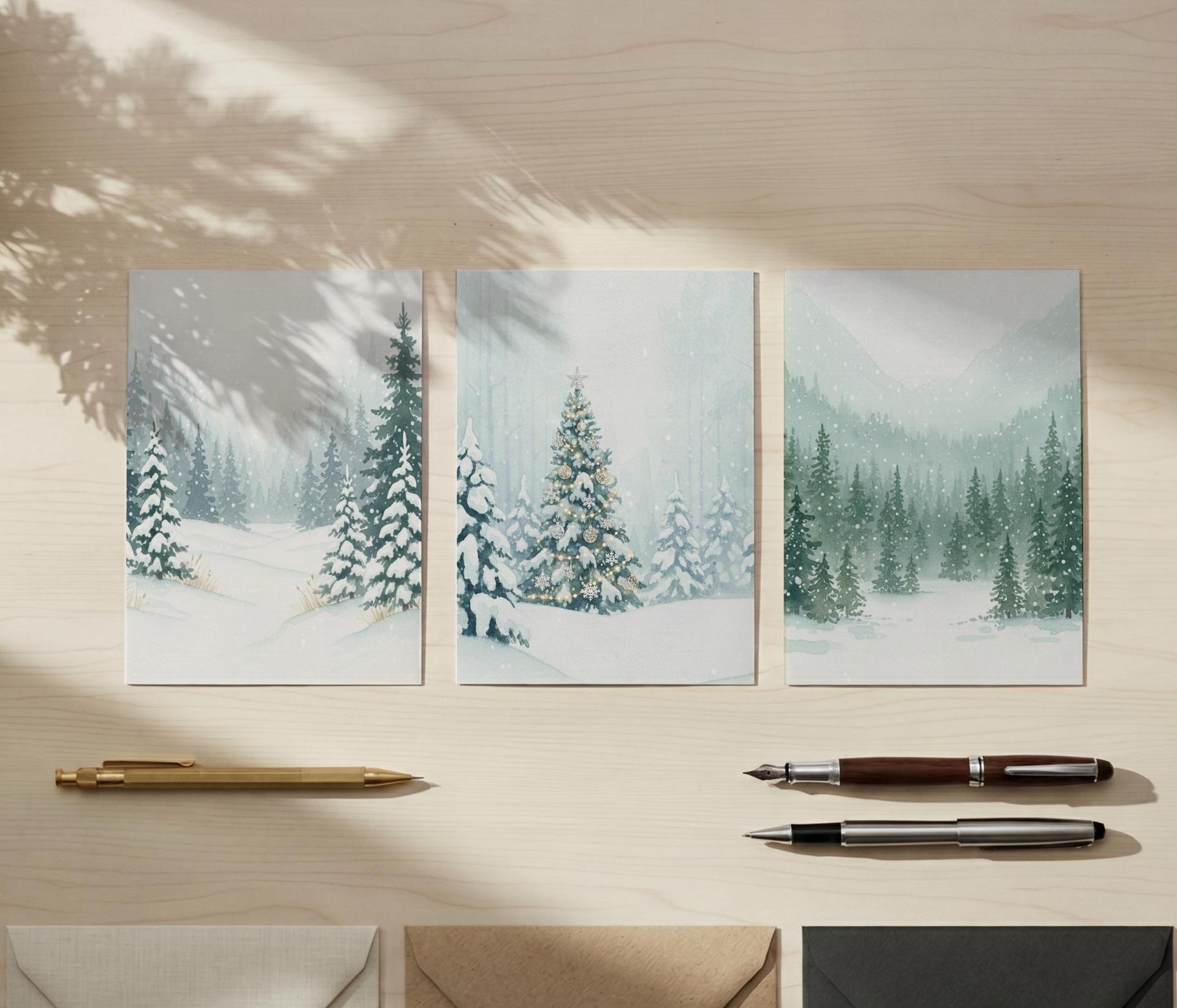 Holiday Greeting Cards, 3 Pack, Christmas Trees, Bulk Set of Gift Cards