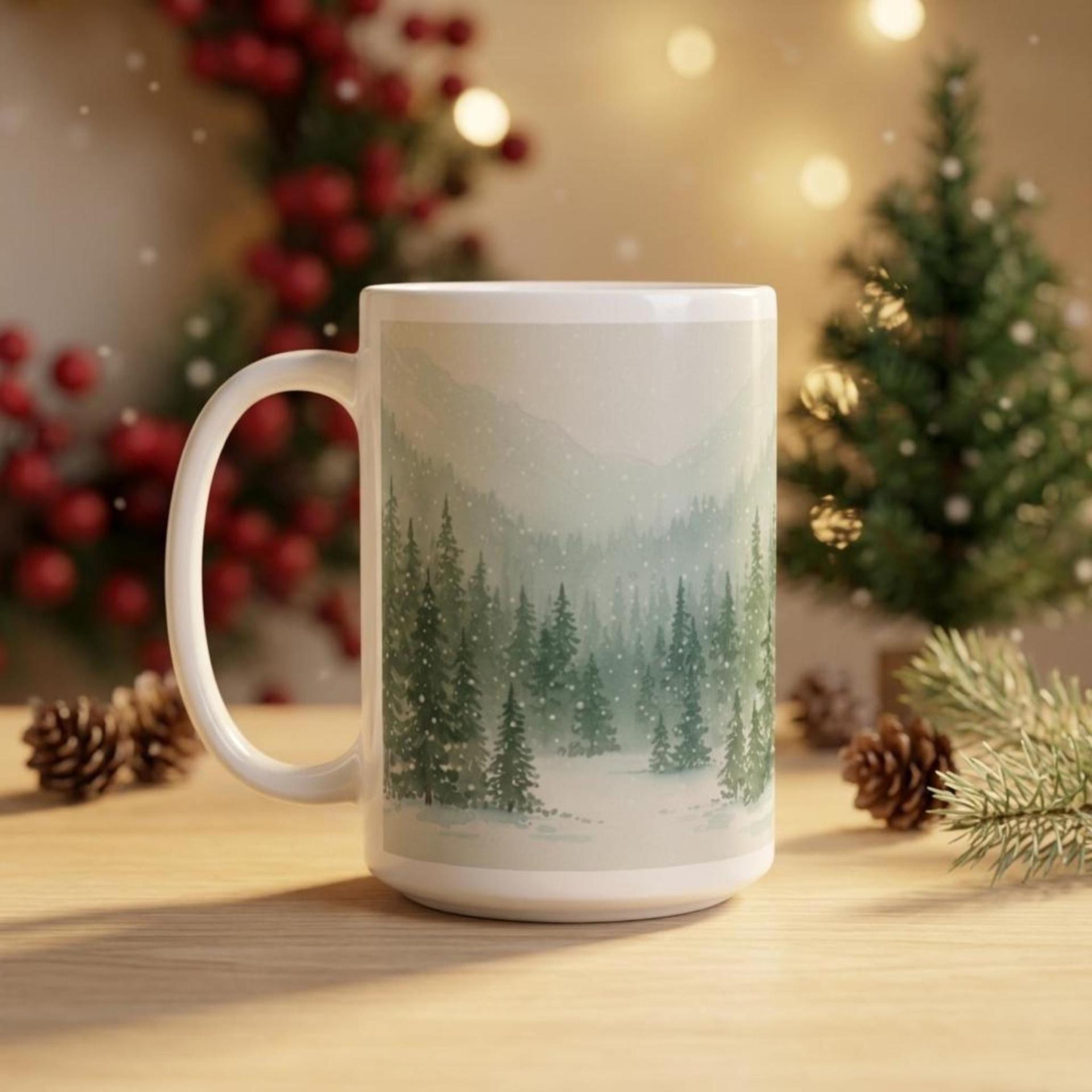 Christmas Mugs - Winter Forest Cups Set -  Large and Small Ceramic Mugs