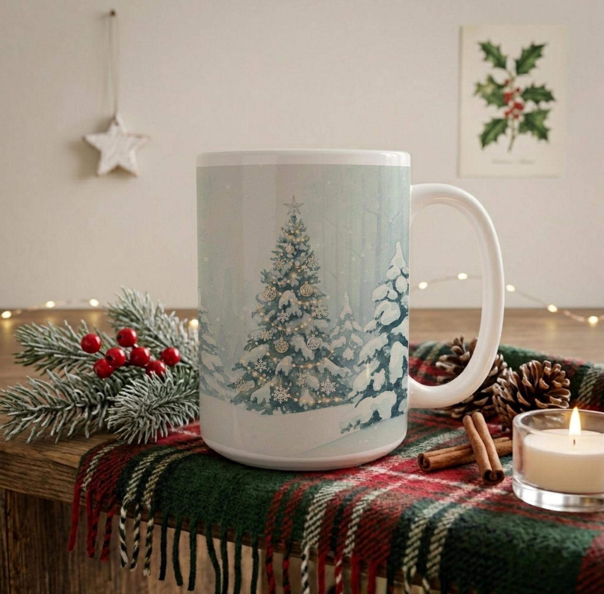 Christmas Mugs - Winter Forest Cups Set -  Large and Small Ceramic Mugs