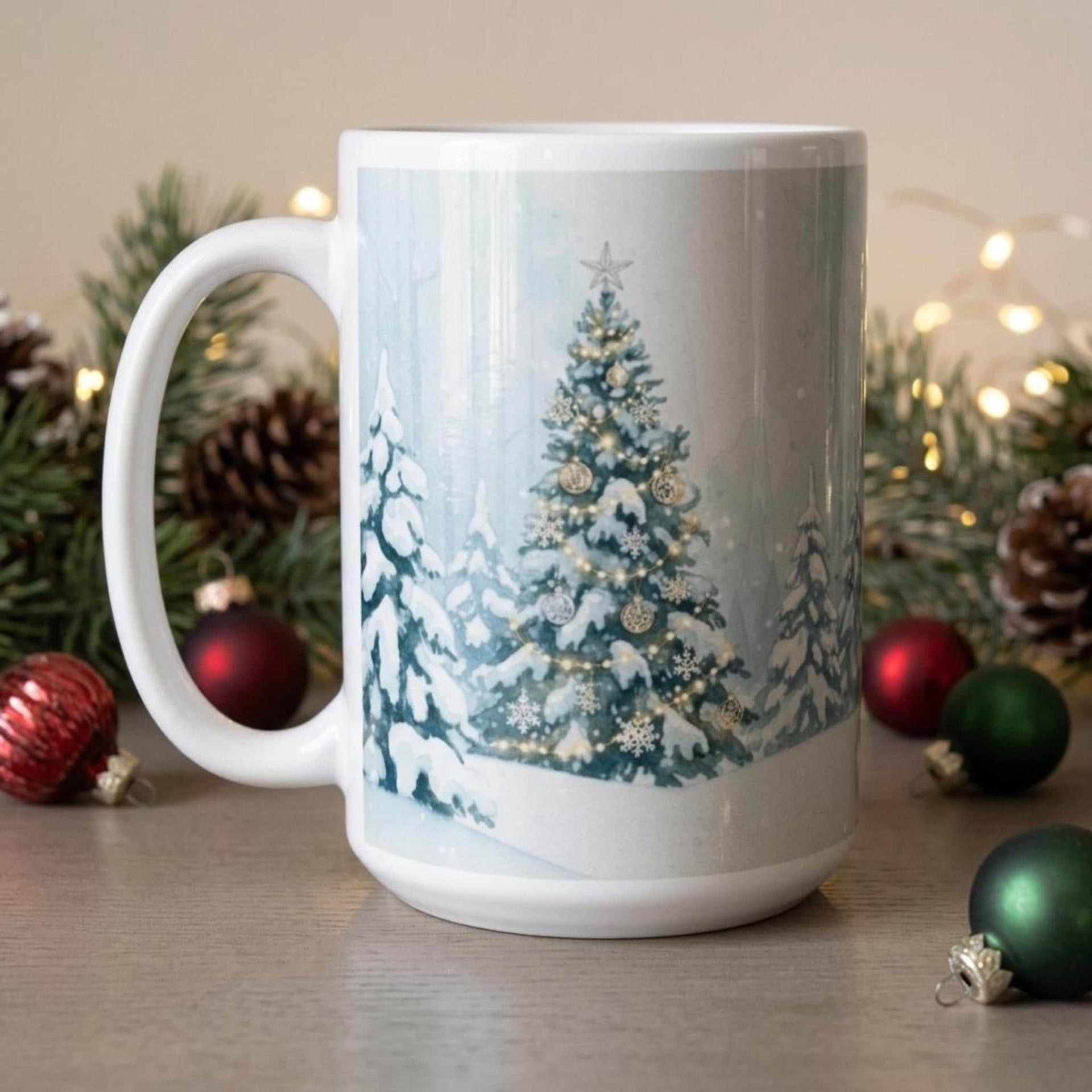 Christmas Mugs - Winter Forest Cups Set -  Large and Small Ceramic Mugs