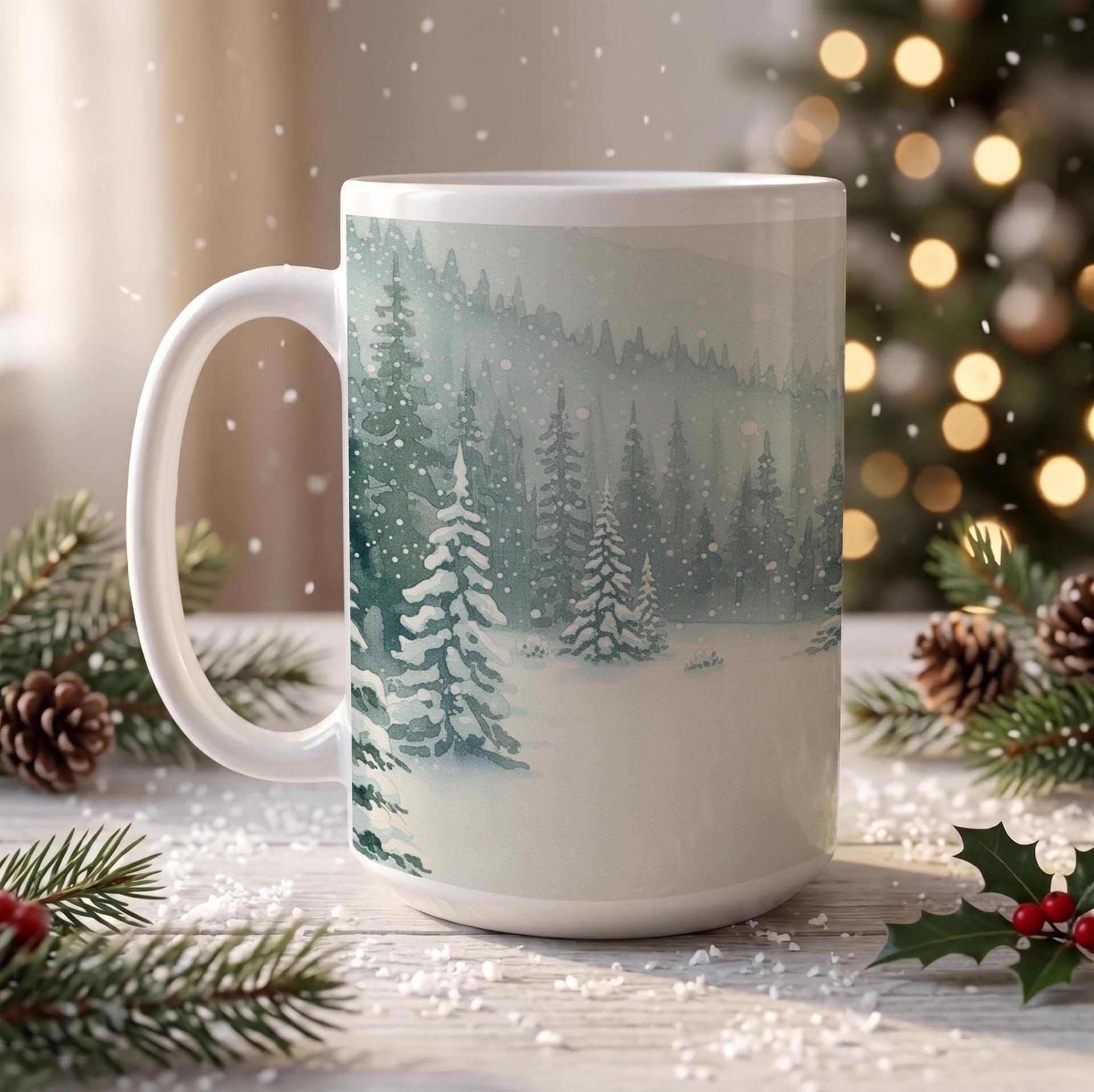 Christmas Mugs - Winter Forest Cups Set -  Large and Small Ceramic Mugs