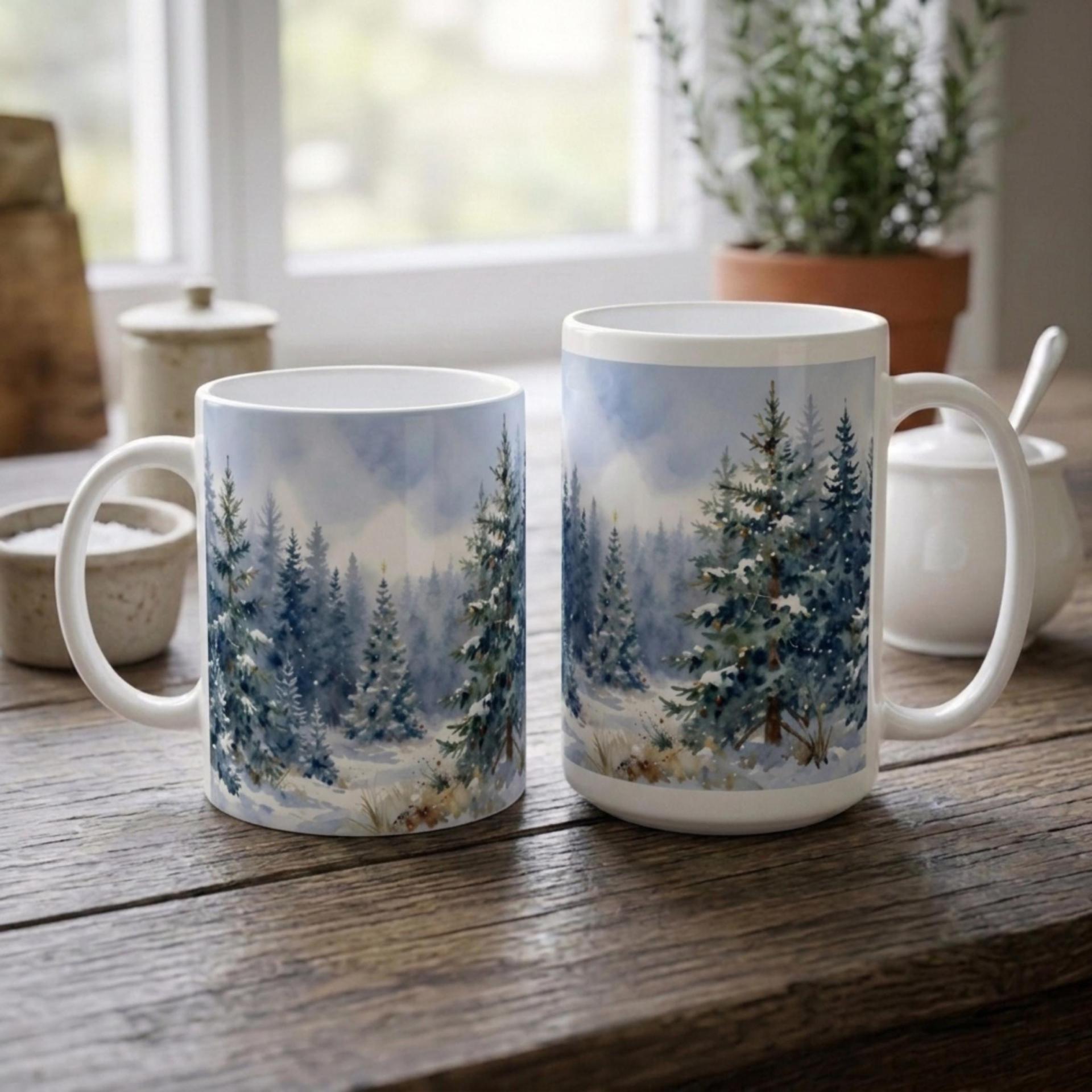 Christmas Mugs - Winter Forest Cups Set -  Large and Small Ceramic Mugs
