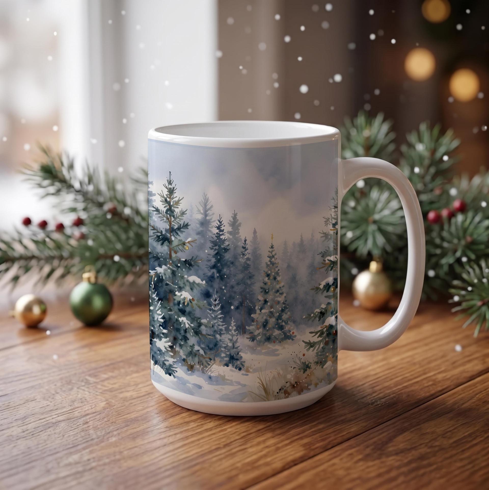 Christmas Mugs - Winter Forest Cups Set -  Large and Small Ceramic Mugs