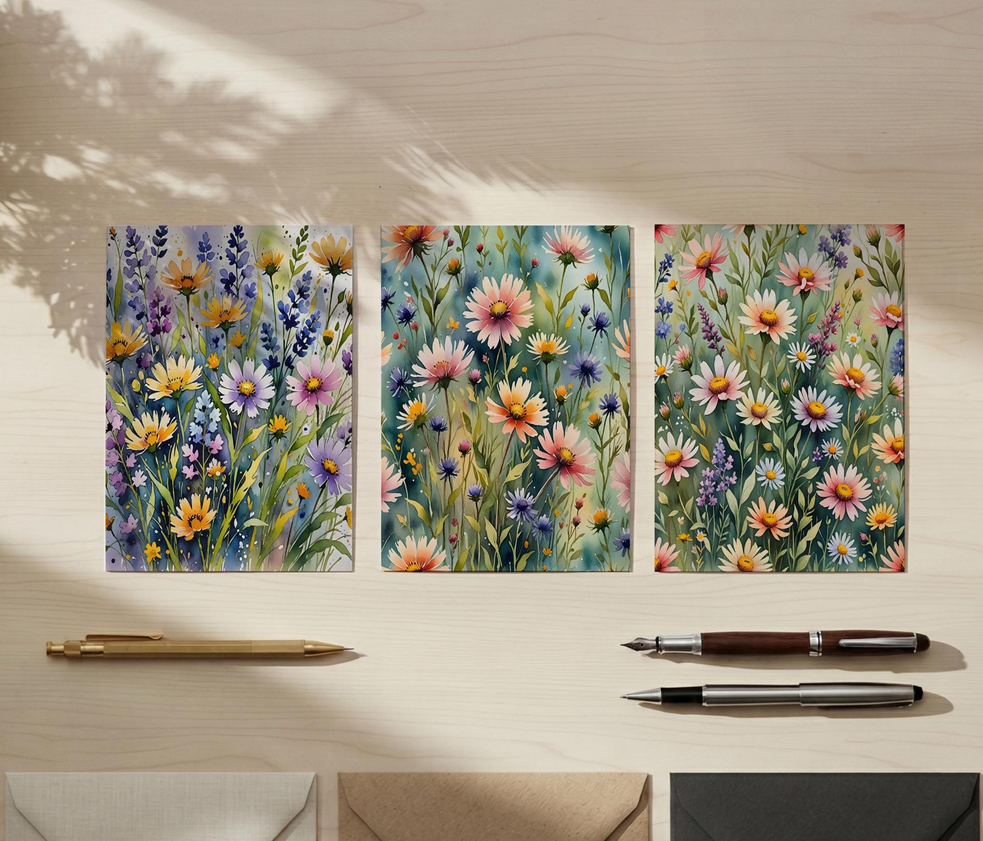 Set of 3 Watercolor Floral Greeting Cards, Blank Inside, Multiple Sizes