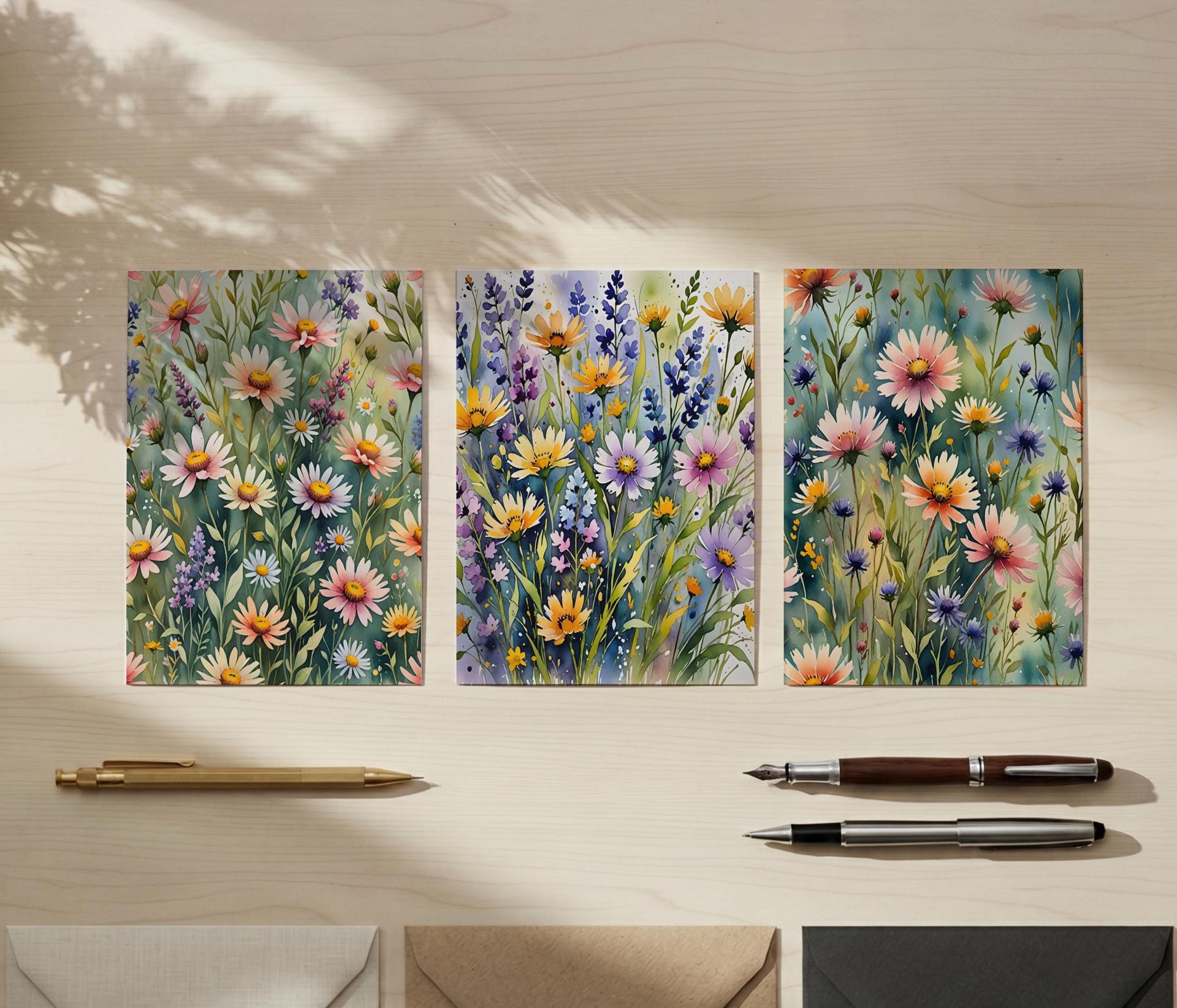 Set of 3 Watercolor Floral Greeting Cards, Blank Inside, Multiple Sizes