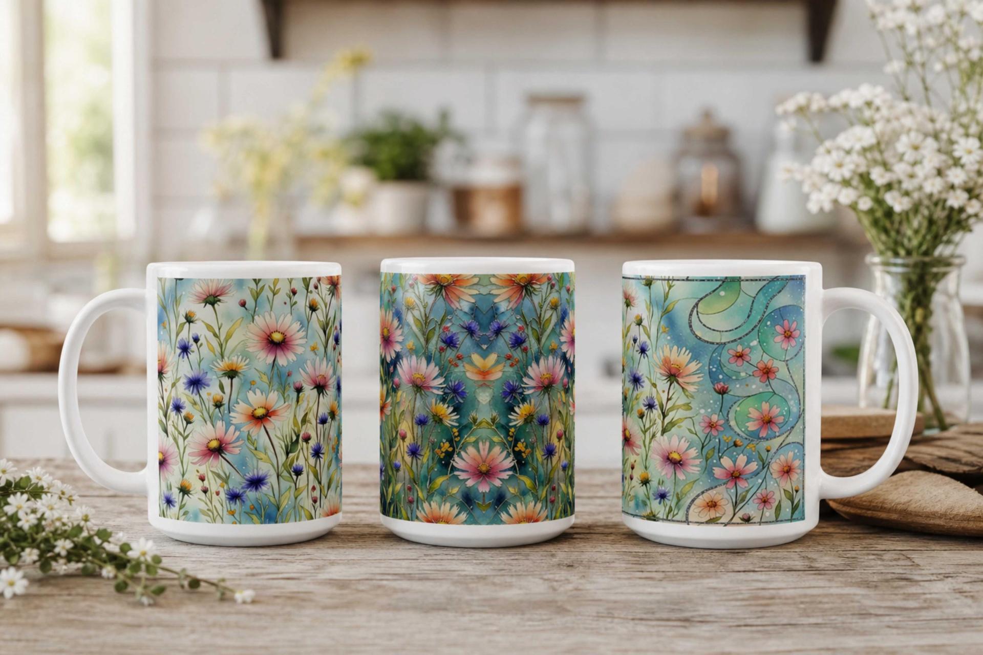 Set of Big Mugs, Floral Cup Set, Large 15 oz Matching Cups