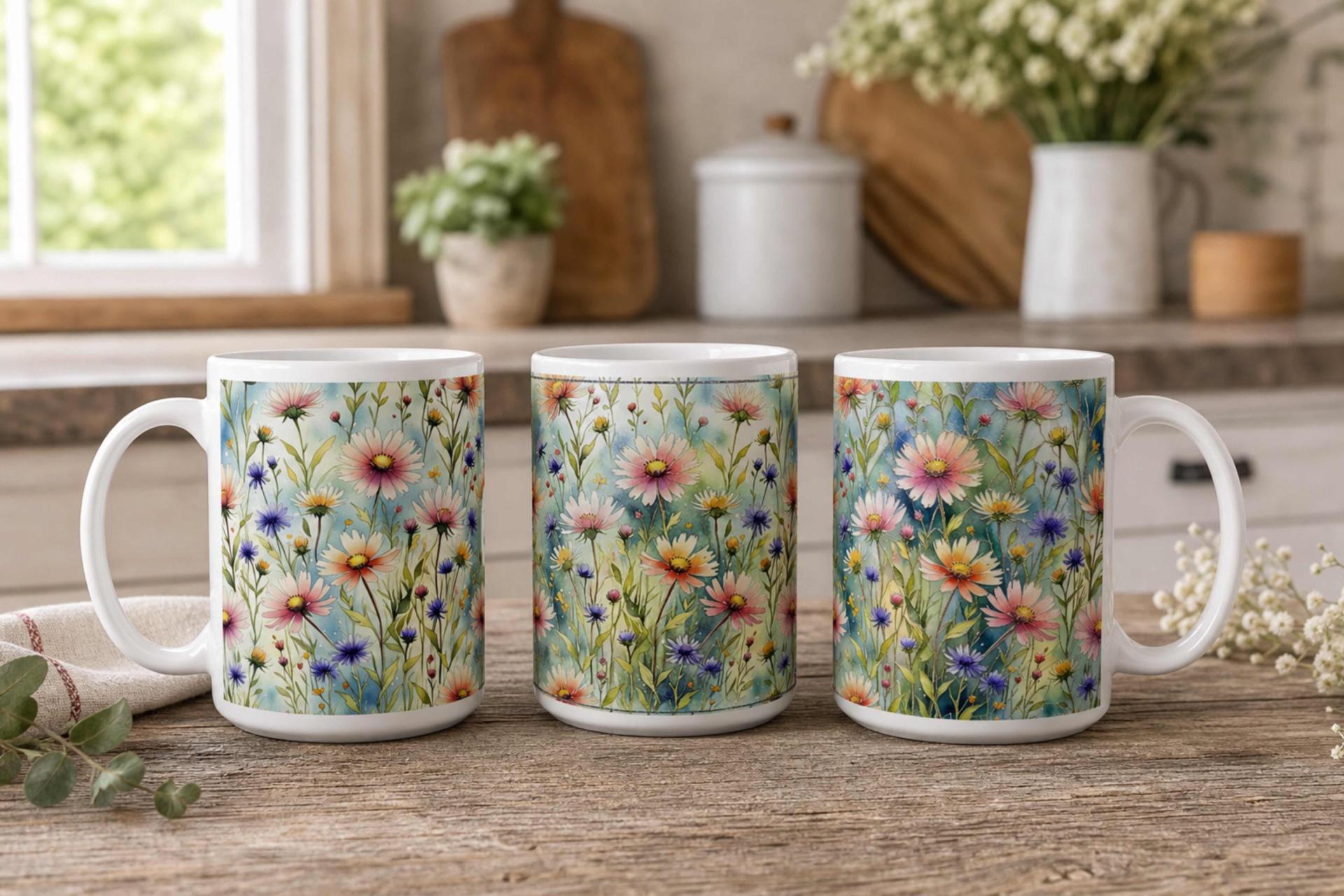 Set of Big Mugs, Floral Cup Set, Large 15 oz Matching Cups