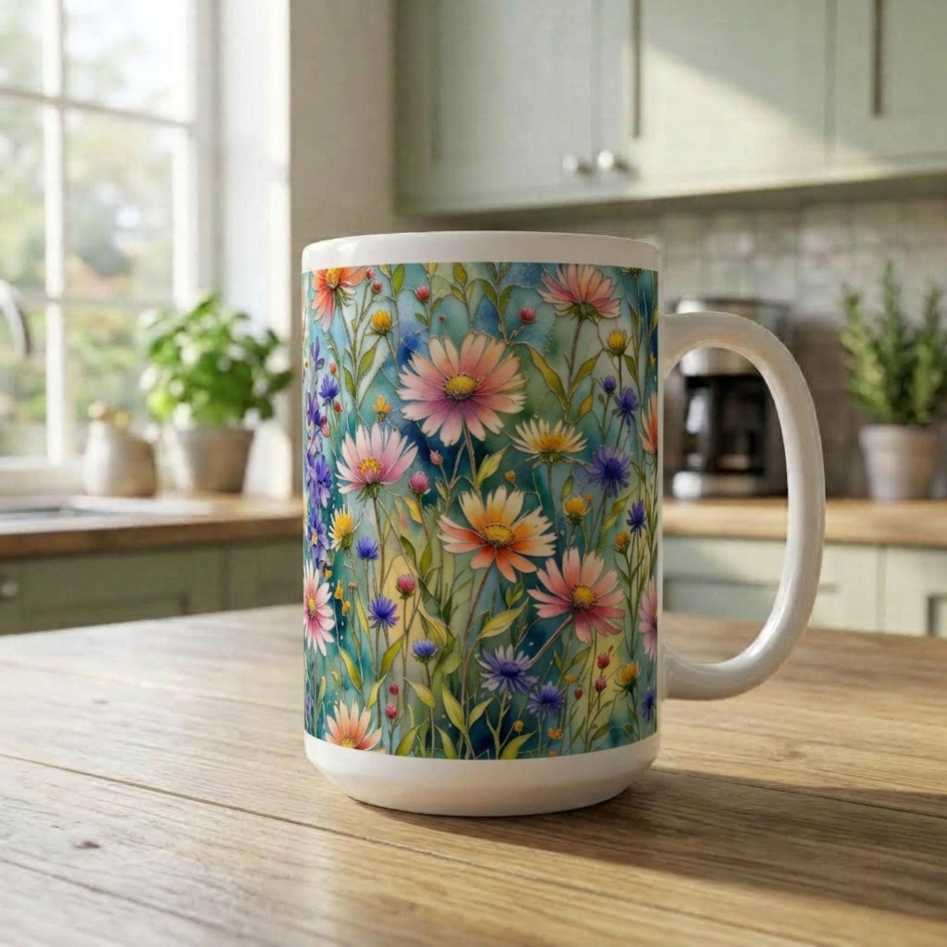 Set of Big Mugs, Floral Cup Set, Large 15 oz Matching Cups