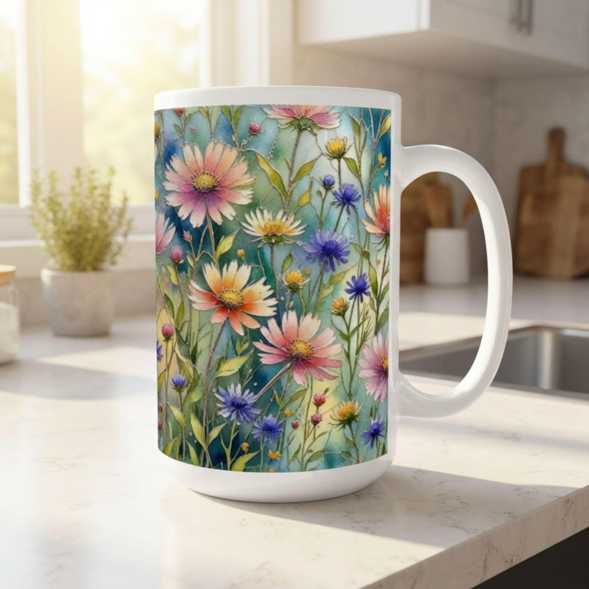 Set of Big Mugs, Floral Cup Set, Large 15 oz Matching Cups