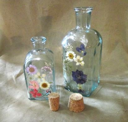 Floral Bottles, Large  Cork Jars - 8oz and 17oz - Glass Bottles with Epoxy, Flowers in Resin