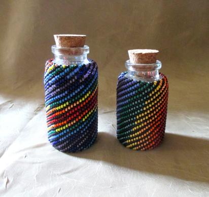 Beaded Jar with Cork - Handmade Bead Wrapped Glass Jar - Rainbow