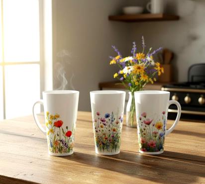 Set of 3 Cups, Floral, 17oz Latte Ceramic Mugs Set - Extra Tall Cup Set