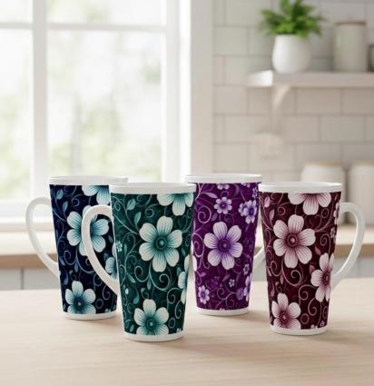 Set of 5 Cups, Floral, 17oz Latte Ceramic Mugs Set - Extra Tall Cup Set