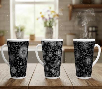 Set of 3 Cups, Floral, 17oz Latte Ceramic Mugs Set - Extra Tall Cup Set