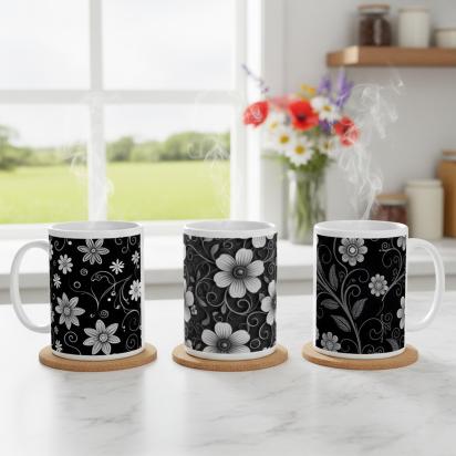 Set of Big Mugs, Dark Floral Cup Set, 15 oz