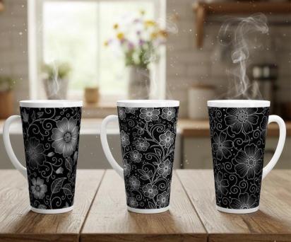 Set of 3 Cups, Floral, 17oz Latte Ceramic Mugs Set - Extra Tall Cup Set