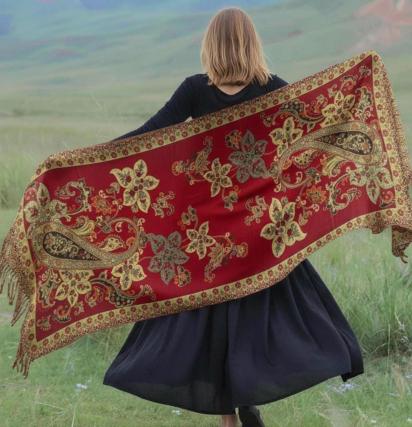 Red and Gold Pashmina Shawl & Scarf for Women, Jacquard Brocade, Stole or Wrap