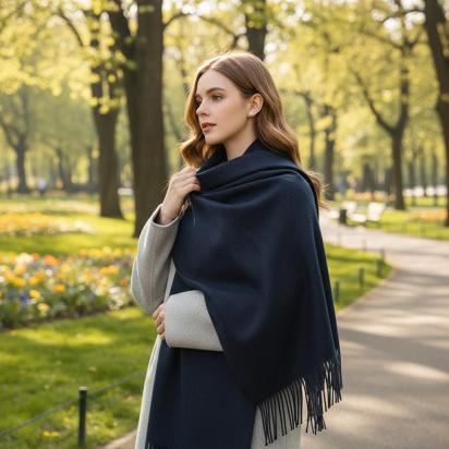 Navy Blue Blanket Shawl - Thick Cashmere Wool Blend - Super Soft Wrap